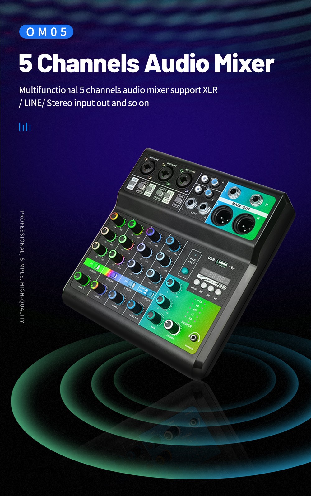 5 channels Audio mixer for studio computer recording
