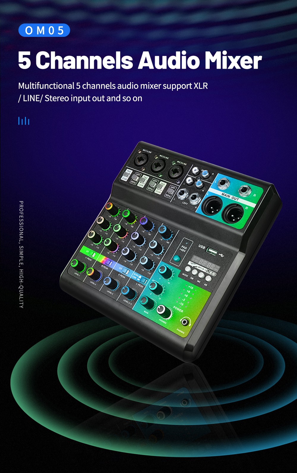 5 channels Audio mixer for studio computer recording