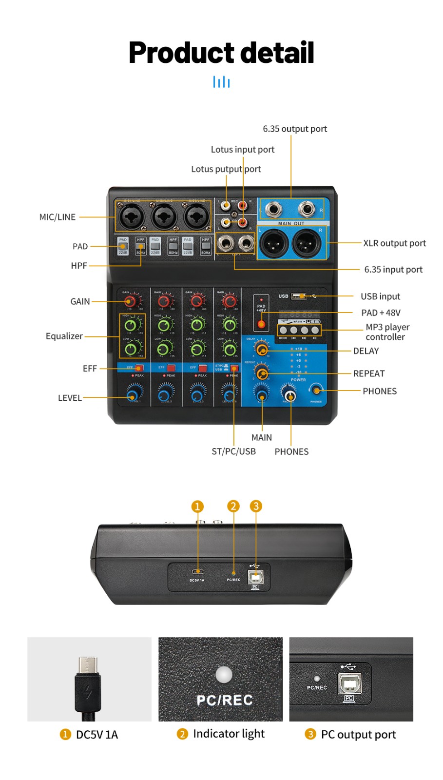 5 channels Audio mixer for studio computer recording